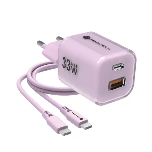 Forcell F-Energy hálózati töltő GaN III Crystal Color USB-C + USB-A QC4.0 PD 33W + USB-C – USB-C szilikon kábel VT-41 lila