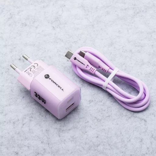 Forcell F-Energy hálózati töltő GaN III Crystal Color USB-C + USB-A QC4.0 PD 33W + USB-C – USB-C szilikon kábel VT-41 lila