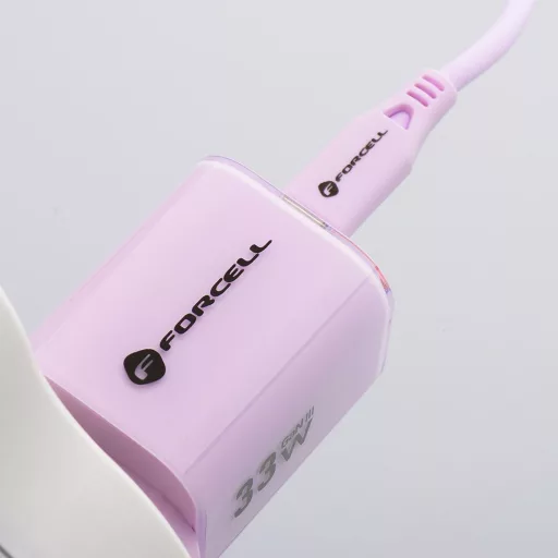 Forcell F-Energy hálózati töltő GaN III Crystal Color USB-C + USB-A QC4.0 PD 33W + USB-C – USB-C szilikon kábel VT-41 lila