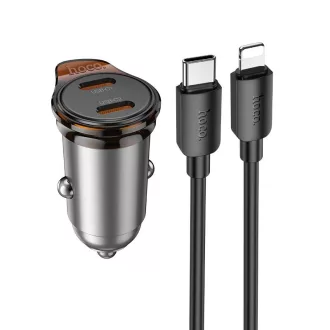   Hoco autós töltő 2×USB-C QC PD 45W + USB-C – Lightning kábel NZ16B fém szürke
