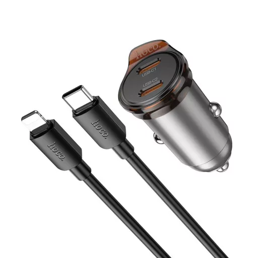Hoco autós töltő 2×USB-C QC PD 45W + USB-C – Lightning kábel NZ16B fém szürke