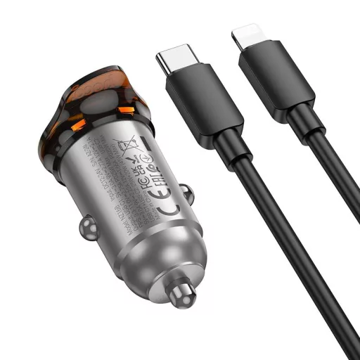 Hoco autós töltő 2×USB-C QC PD 45W + USB-C – Lightning kábel NZ16B fém szürke