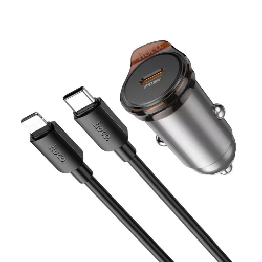 Hoco autós töltő USB-C QC PD 30W + USB-C – Lightning kábel NZ16 fém szürke