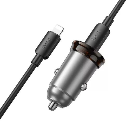 Hoco autós töltő USB-C QC PD 30W + USB-C – Lightning kábel NZ16 fém szürke