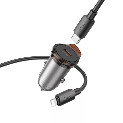 Hoco autós töltő USB-C QC PD 30W + USB-C – Lightning kábel NZ16 fém szürke