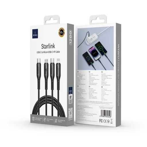 WiWU Starlink Series 3 az 1-ben töltőkábel Wi-046E USB-C – USB-C / Micro USB / Lightning 60W 1 m fekete