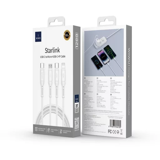WiWU Starlink Series 3 az 1-ben töltőkábel Wi-046E USB-C – USB-C / Micro USB / Lightning 60W 1 m fehér