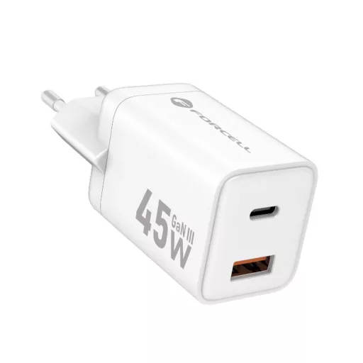Forcell F-Energy hálózati töltő Mini GaN III USB-C + USB-A PD QC4.0 45W VT-36 fehér
