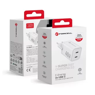   Forcell F-Energy hálózati töltő Mini GaN III 2×USB-C PD QC4.0 45W VT-36B fehér