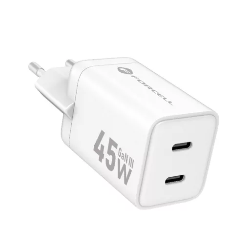 Forcell F-Energy hálózati töltő Mini GaN III 2×USB-C PD QC4.0 45W VT-36B fehér