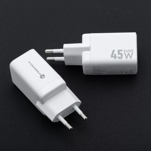 Forcell F-Energy hálózati töltő Mini GaN III 2×USB-C PD QC4.0 45W VT-36B fehér