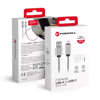   Forcell F-Energy USB-A – USB-C töltőkábel QC4.0 Metal C234 3A 66W 2 m ezüst