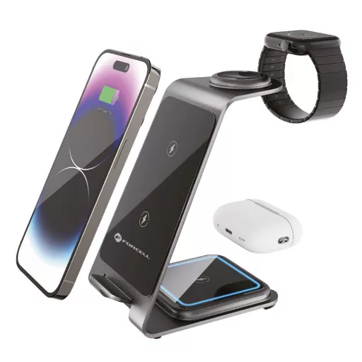 Forcell F-Energy Simply Charge 3 az 1-ben vezeték nélküli töltő alumínium Apple Watch / Samsung Watch kompatibilis szürke