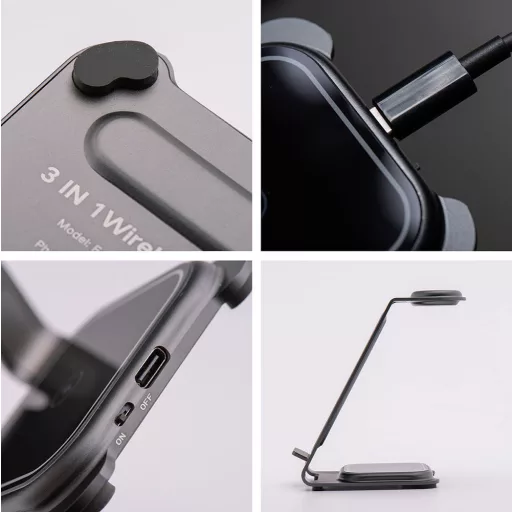 Forcell F-Energy Simply Charge 3 az 1-ben vezeték nélküli töltő alumínium Apple Watch / Samsung Watch kompatibilis szürke