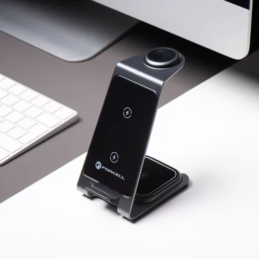 Forcell F-Energy Simply Charge 3 az 1-ben vezeték nélküli töltő alumínium Apple Watch / Samsung Watch kompatibilis szürke