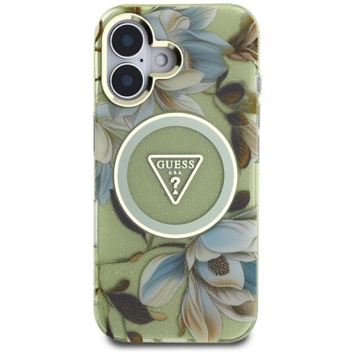 GUESS tok iPhone 16 Magsafe kompatibilis GUHMP16SHFLPEDN (IML Metal Glitter Flowers Triangle) zöld