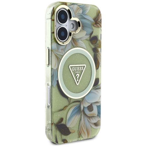 GUESS tok iPhone 16 Magsafe kompatibilis GUHMP16SHFLPEDN (IML Metal Glitter Flowers Triangle) zöld