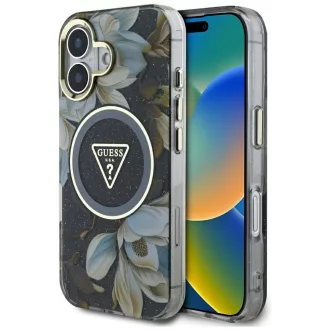   GUESS tok iPhone 16 Magsafe kompatibilis GUHMP16SHFLPEDK (IML Metal Glitter Flowers Triangle) fekete