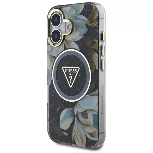 GUESS tok iPhone 16 Magsafe kompatibilis GUHMP16SHFLPEDK (IML Metal Glitter Flowers Triangle) fekete