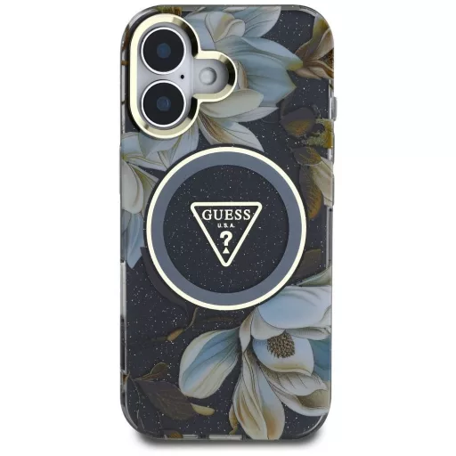 GUESS tok iPhone 16 Magsafe kompatibilis GUHMP16SHFLPEDK (IML Metal Glitter Flowers Triangle) fekete