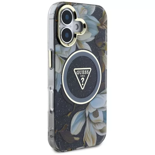 GUESS tok iPhone 16 Magsafe kompatibilis GUHMP16SHFLPEDK (IML Metal Glitter Flowers Triangle) fekete