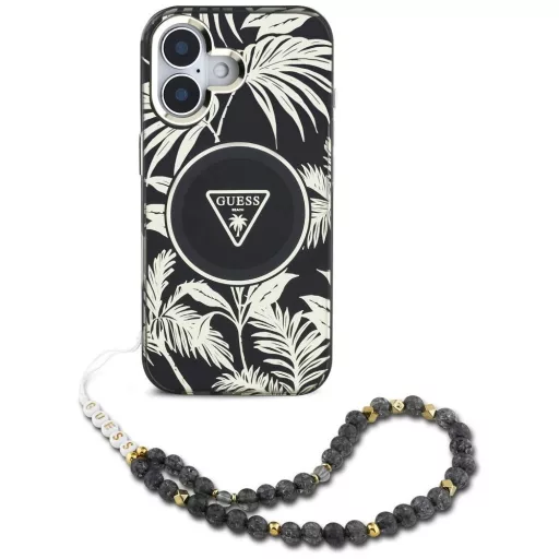 GUESS tok iPhone 16 Magsafe kompatibilis GUHMP16SHPCTPLSK (IML Palm Trees Triangle W/ Pearl Strap) fekete