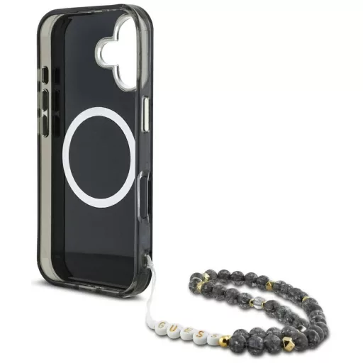 GUESS tok iPhone 16 Magsafe kompatibilis GUHMP16SHPCTPLSK (IML Palm Trees Triangle W/ Pearl Strap) fekete