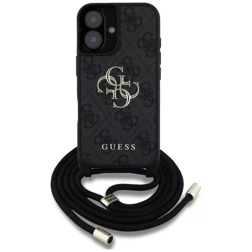 GUESS tok iPhone 16 GUHCP16SP4GMGCRK (CBDY PU 4G Big Logo W/Cord Strap) Fekete