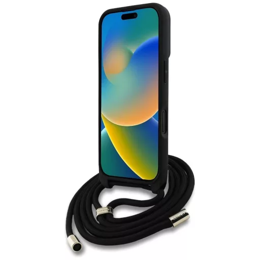 GUESS tok iPhone 16 GUHCP16SP4GMGCRK (CBDY PU 4G Big Logo W/Cord Strap) Fekete