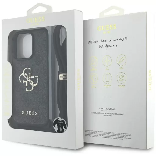 GUESS tok iPhone 16 Pro Max GUHCP16XP4GMGCRK (CBDY PU 4G Big Logo W/Cord Strap) fekete