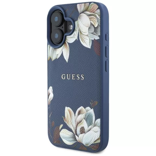 GUESS tok iPhone 16 Magsafe kompatibilis GUHMP16SPGNMPLMB (PU Grained Flowers Classic Logo) kék