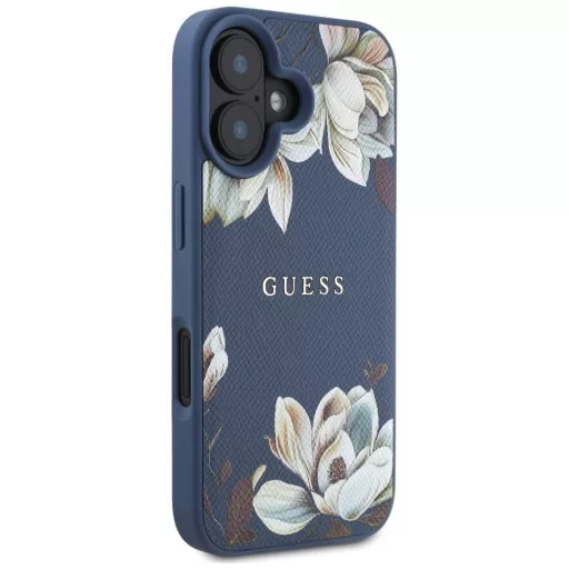 GUESS tok iPhone 16 Magsafe kompatibilis GUHMP16SPGNMPLMB (PU Grained Flowers Classic Logo) kék