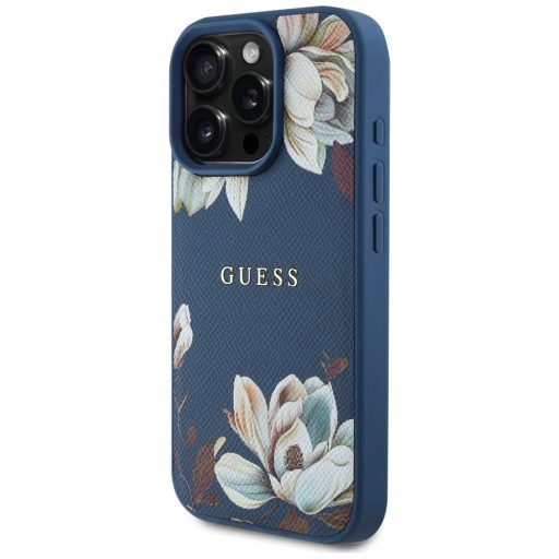GUESS tok iPhone 16 Pro Max Magsafe kompatibilis GUHMP16XPGNMPLMB (PU Grained Flowers Classic Logo) kék