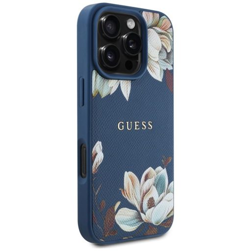 GUESS tok iPhone 16 Pro Max Magsafe kompatibilis GUHMP16XPGNMPLMB (PU Grained Flowers Classic Logo) kék