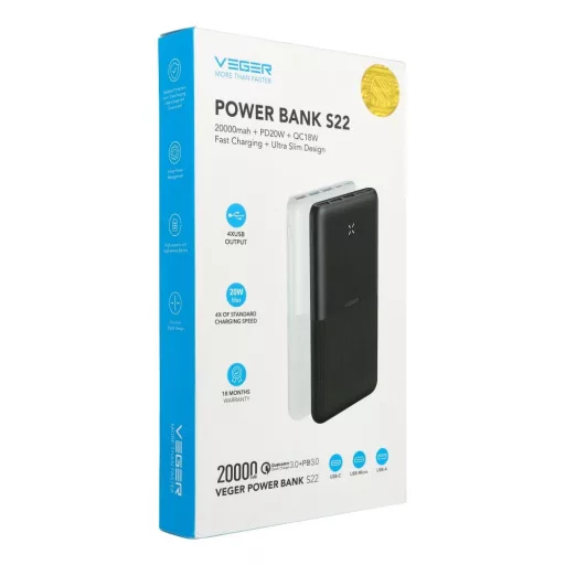 Veger (W2060) powerbank PD QC3.0 3A 20W 20000 mAh Fekete