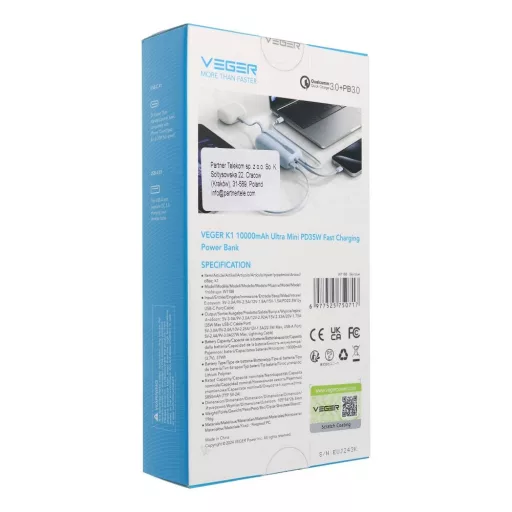 Veger powerbank K1 W1188 PD QC3.0 35W 10000 mAh beépített USB-C / Lightning kábelekkel kék