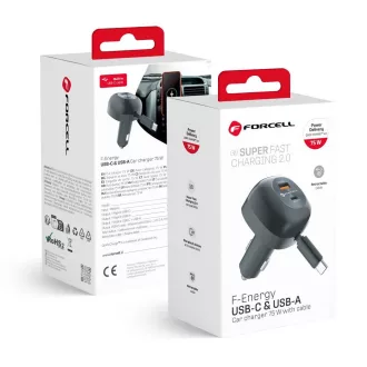   Forcell F-Energy autós töltő Alu USB-C + USB-A + visszahúzható USB-C kábel PD QC4.0 SFC2.0 3A 75W fekete