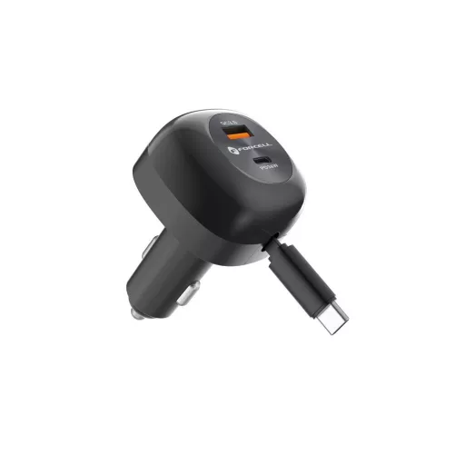 Forcell F-Energy autós töltő Alu USB-C + USB-A + visszahúzható USB-C kábel PD QC4.0 SFC2.0 3A 75W fekete