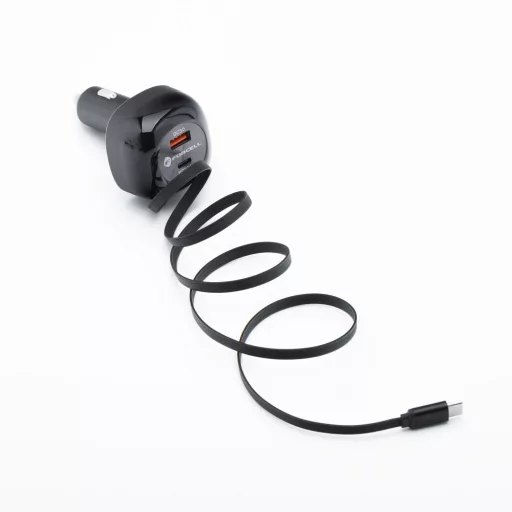 Forcell F-Energy autós töltő Alu USB-C + USB-A + visszahúzható USB-C kábel PD QC4.0 SFC2.0 3A 75W fekete