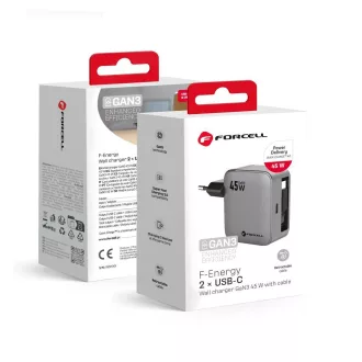   Forcell F-Energy hálózati töltő GaN USB-C + visszahúzható USB-C kábel PD QC4.0 3A 45W VT-R5 szürke
