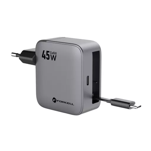 Forcell F-Energy hálózati töltő GaN USB-C + visszahúzható USB-C kábel PD QC4.0 3A 45W VT-R5 szürke