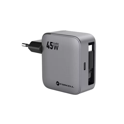 Forcell F-Energy hálózati töltő GaN USB-C + visszahúzható USB-C kábel PD QC4.0 3A 45W VT-R5 szürke