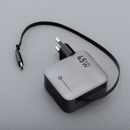 Forcell F-Energy hálózati töltő GaN USB-C + visszahúzható USB-C kábel PD QC4.0 3A 45W VT-R5 szürke