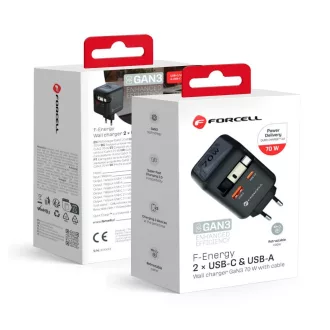   Forcell F-Energy hálózati töltő GaN USB-C + USB-A + visszahúzható USB-C kábel PD QC4.0 3A 70W VT-R7 szürke