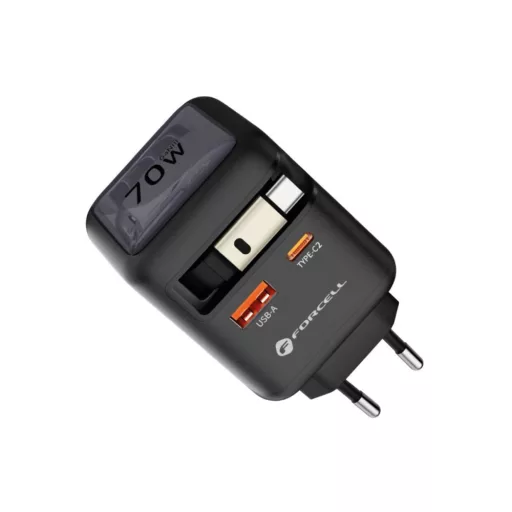 Forcell F-Energy hálózati töltő GaN USB-C + USB-A + visszahúzható USB-C kábel PD QC4.0 3A 70W VT-R7 szürke