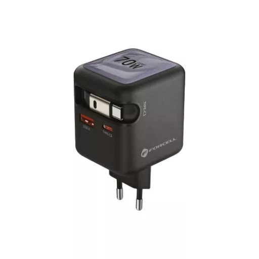 Forcell F-Energy hálózati töltő GaN USB-C + USB-A + visszahúzható USB-C kábel PD QC4.0 3A 70W VT-R7 szürke