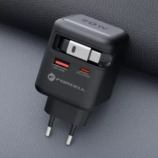 Forcell F-Energy hálózati töltő GaN USB-C + USB-A + visszahúzható USB-C kábel PD QC4.0 3A 70W VT-R7 szürke