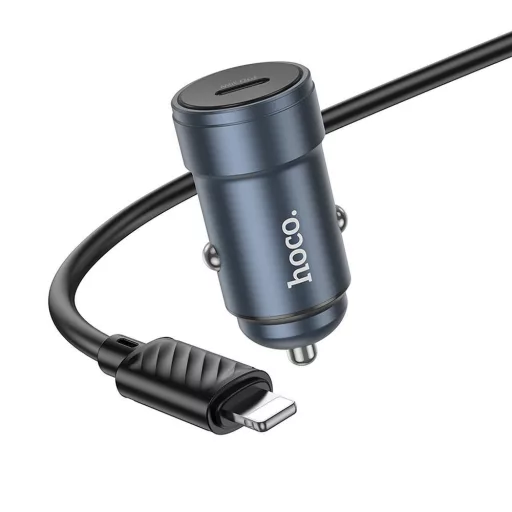 Hoco autós töltő USB-C QC3.0 PD 30W + USB-C – Lightning kábel Z57 fém szürke