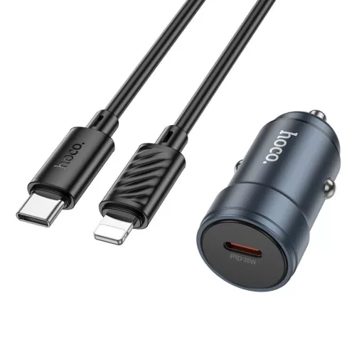 Hoco autós töltő USB-C QC3.0 PD 30W + USB-C – Lightning kábel Z57 fém szürke
