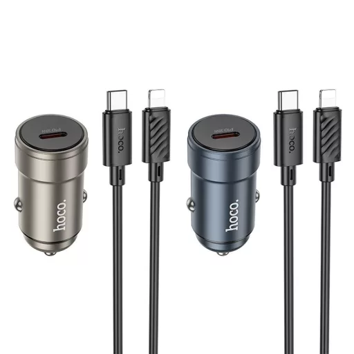 Hoco autós töltő USB-C QC3.0 PD 30W + USB-C – Lightning kábel Z57 fém szürke